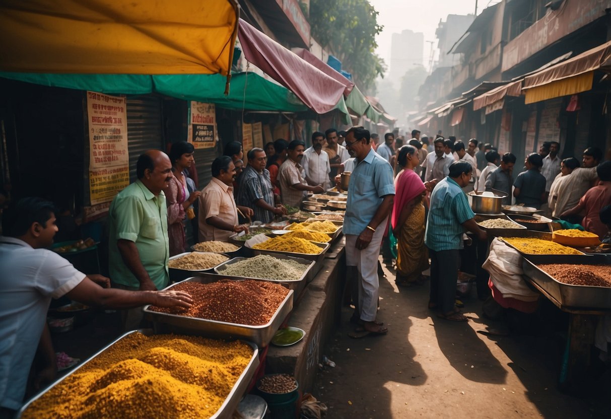 A bustling street in Delhi, filled with colorful food stalls and aromatic spices. People gather around to sample local delicacies and enjoy the vibrant dining scene