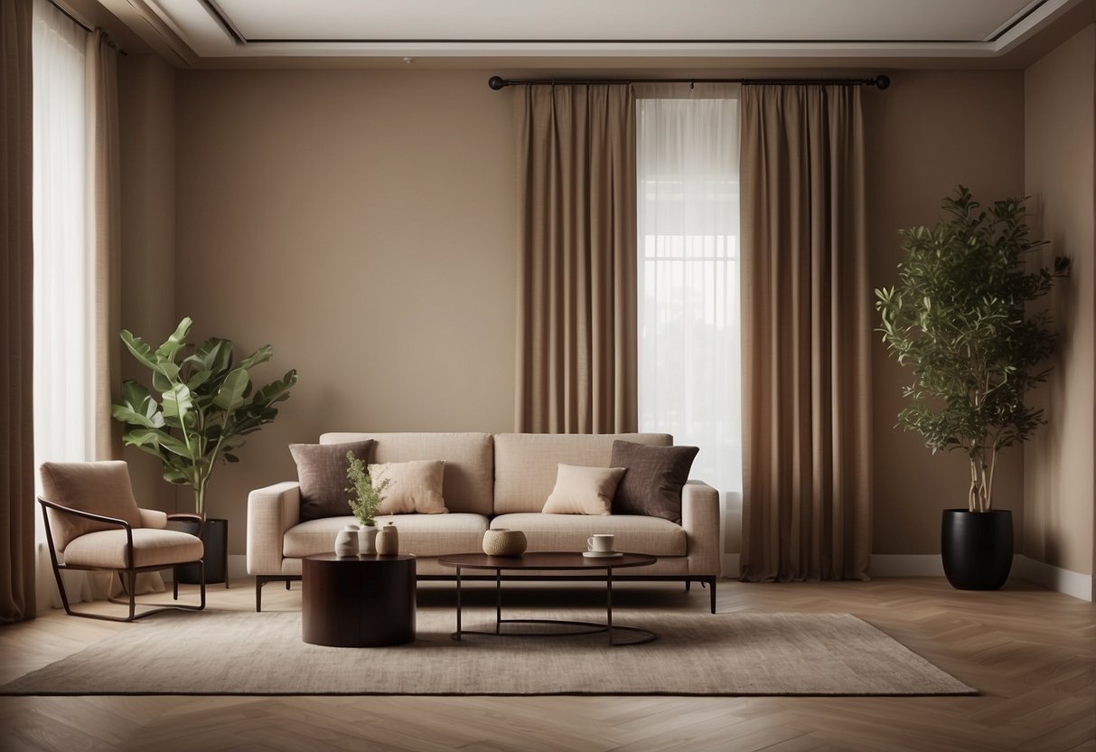 Beige walls, dark furniture, and matching curtains in a warm, earthy color palette