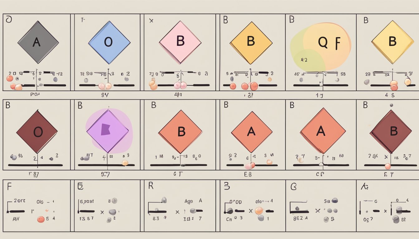 A Punnett square with blood type genotypes (A, B, AB, O) and their corresponding alleles