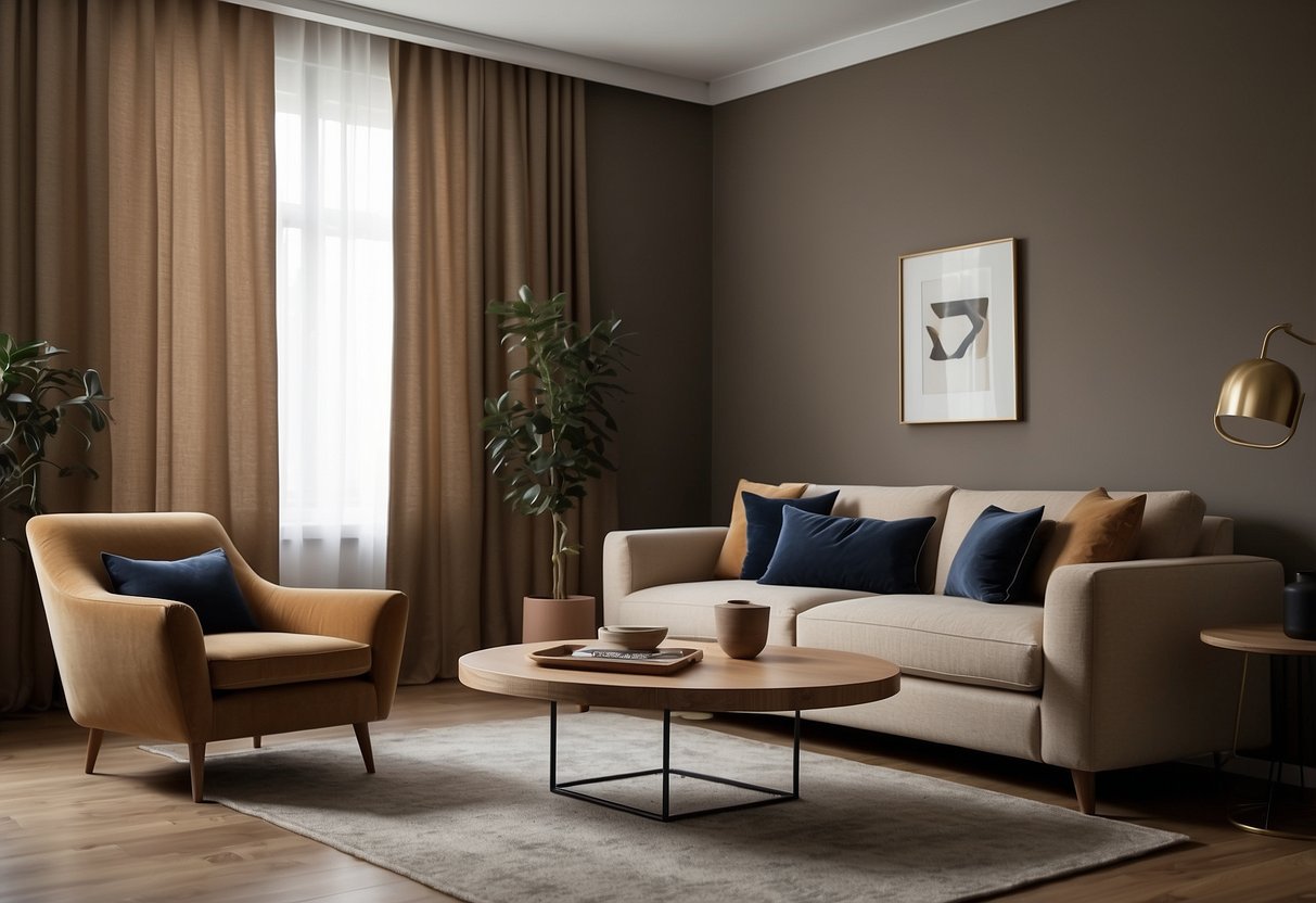Beige walls and dark furniture. Curtains in muted tones like navy, olive, or rust complement the space