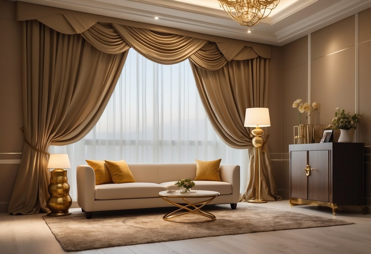 Beige walls, dark furniture, and gold curtains. Textured fabric adds depth. Consider natural light and room size for practicality