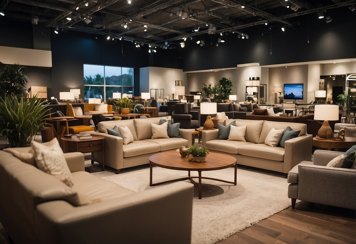 A bustling furniture showroom displays Charter furniture, with customers browsing and staff assisting
