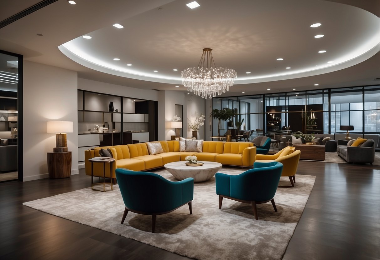 A spacious showroom filled with modern, sleek furniture. Bright lighting highlights the clean lines and luxurious materials of Charter Furniture pieces