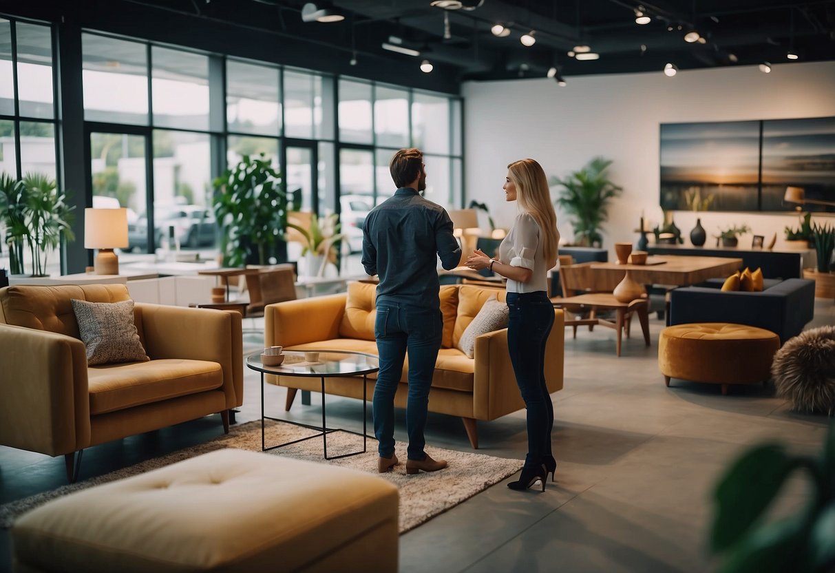 A customer browsing through a showroom, carefully examining different furniture pieces, while a sales representative assists them in making the right selection
