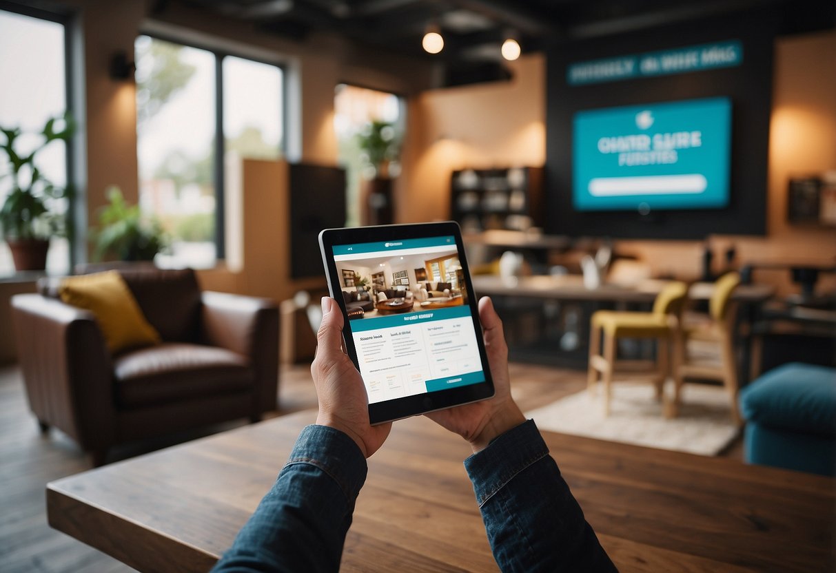 A customer browsing a tablet, surrounded by various furniture options, with a sign reading "Frequently Asked Questions: Where to buy charter furniture."