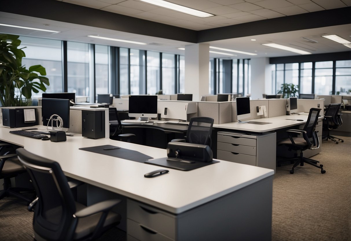 A modern office with sleek desks and chairs, shelves stocked with office supplies, and a customer service representative assisting a client with a smile