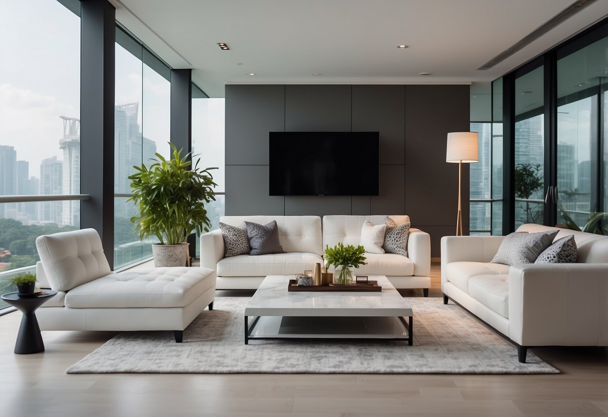 A bright, modern living room with sleek white furniture in Singapore. Clean lines and minimalistic design create an airy, inviting space