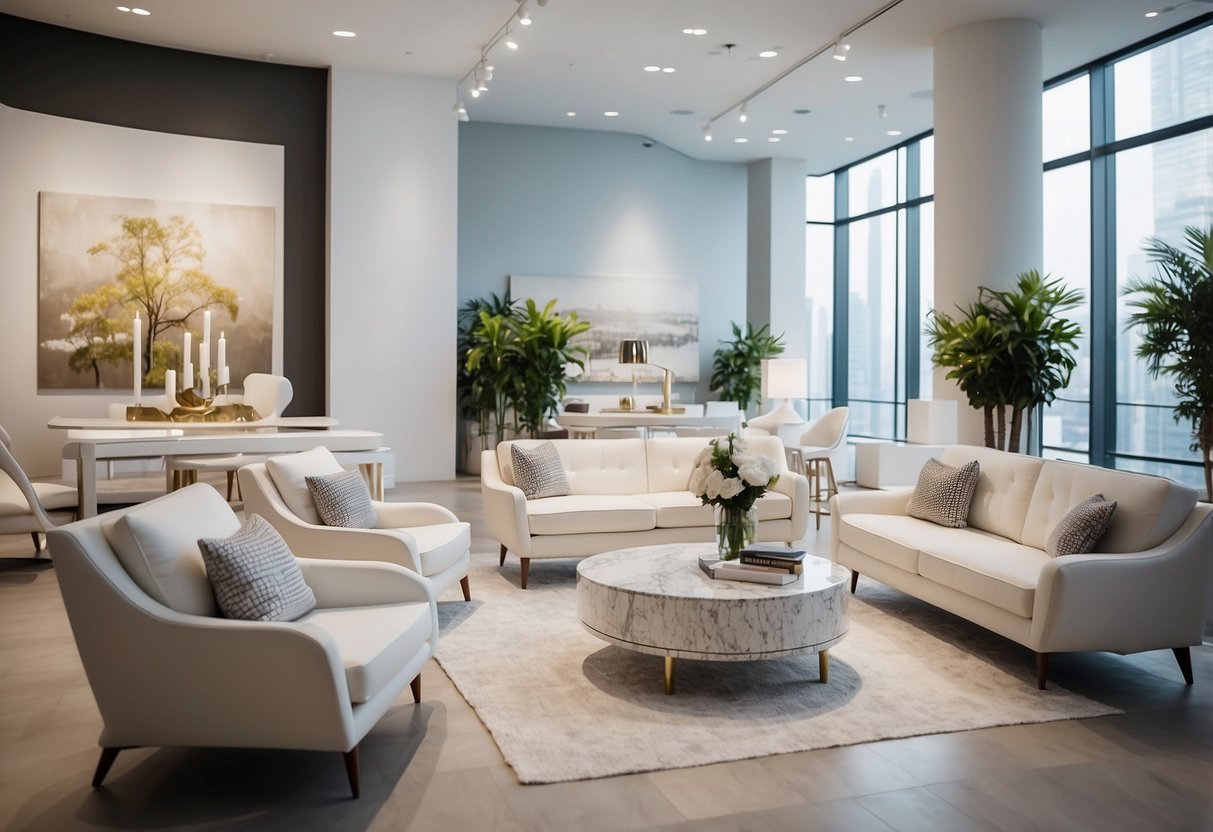 A bright showroom displays a variety of white furniture pieces, including chairs, tables, and cabinets, against a clean, modern backdrop