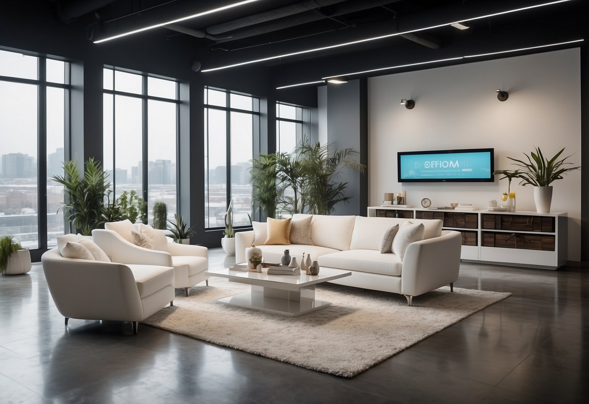 A bright, airy showroom with sleek white furniture arranged in modern displays. Clean lines and minimalist decor create a serene atmosphere