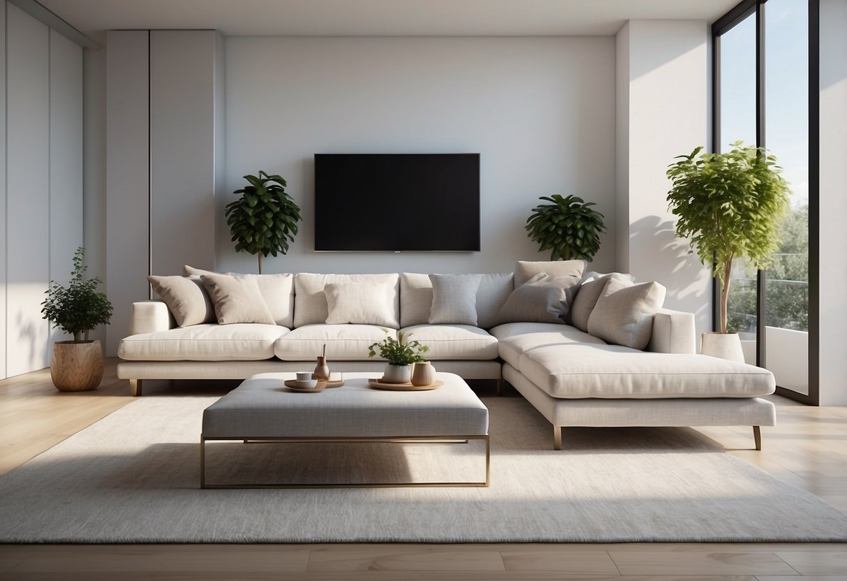 A modern, minimalist living room with sleek white furniture and clean lines. Bright, natural light floods the space, creating a serene and inviting atmosphere