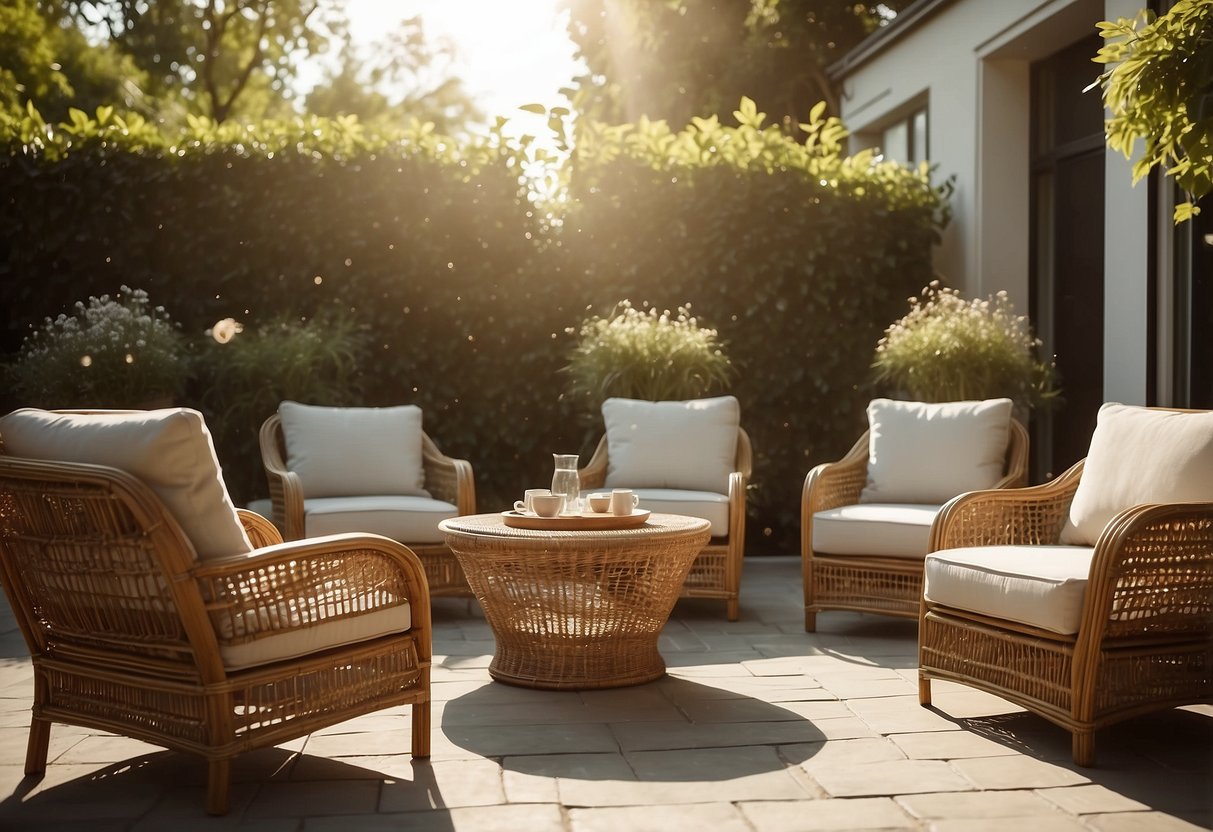 Wicker and rattan furniture arranged on a sunlit patio