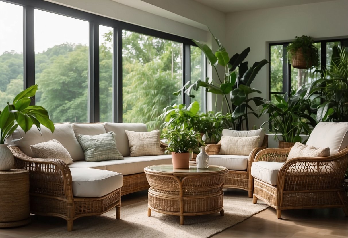 A cozy living room with wicker and rattan furniture, including a sofa, chairs, and coffee table, surrounded by lush green plants and natural light