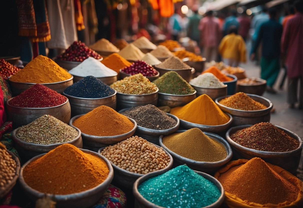 Vibrant market stalls line the streets of Jaipur, showcasing colorful textiles, intricate jewelry, and aromatic spices. The bustling atmosphere is filled with the sounds of bargaining and the rich scents of Indian cuisine