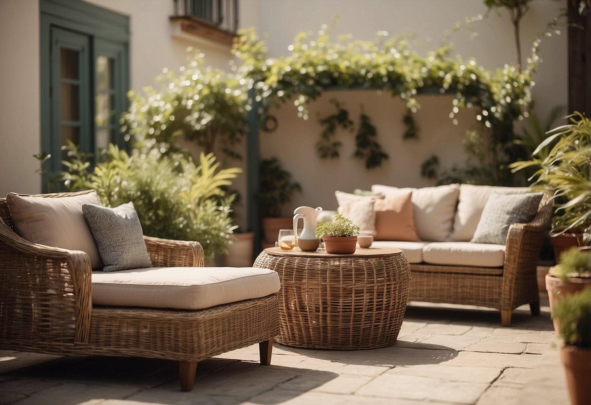 A cozy outdoor patio with wicker and rattan furniture arranged around a low coffee table. The setting is sunny, with potted plants and a soft breeze