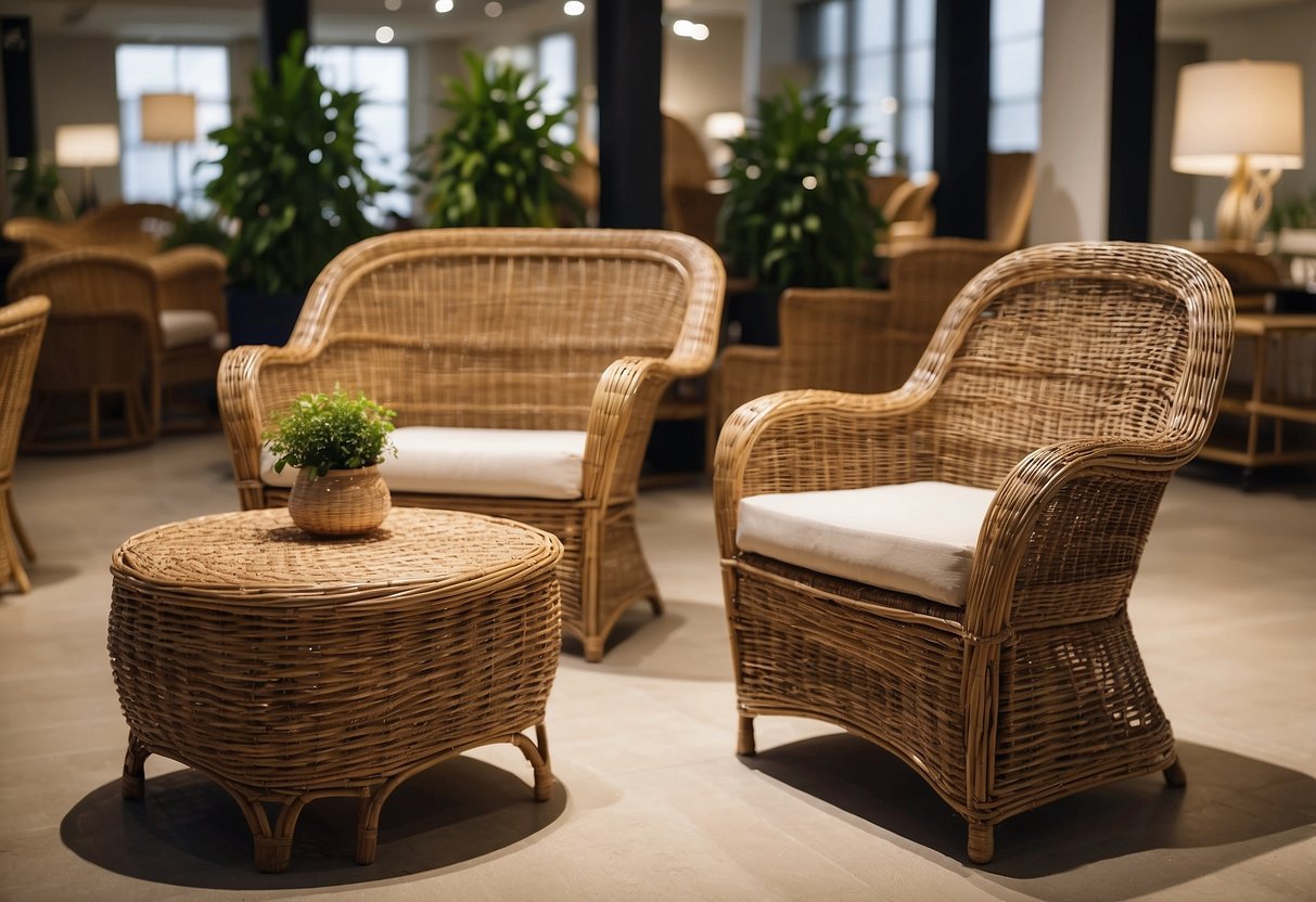 Wicker and rattan furniture arranged in a showroom with various pieces displayed, including chairs, tables, and shelves