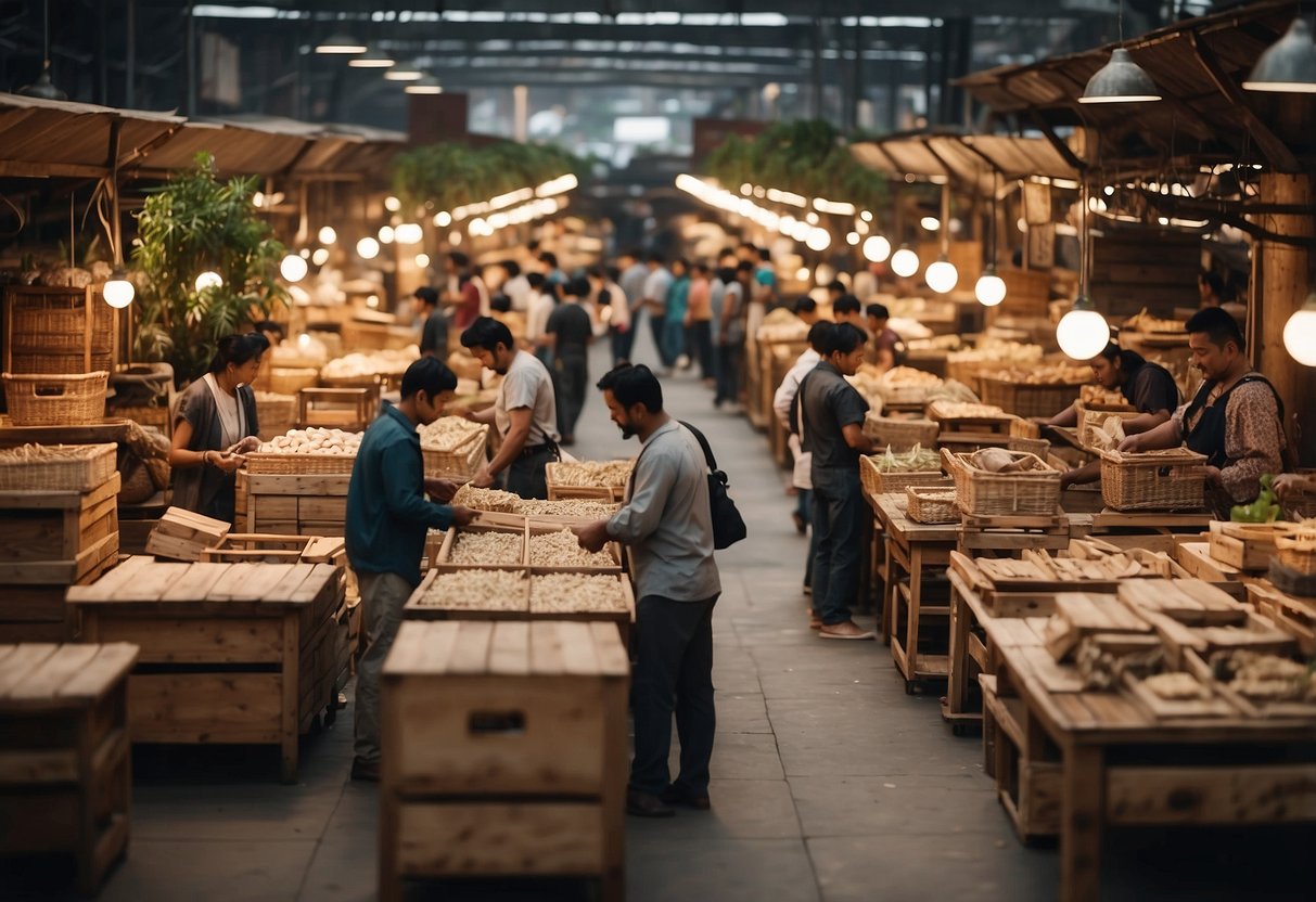 A bustling marketplace with rows of wooden furniture, customers browsing and bargaining, and workers transporting goods