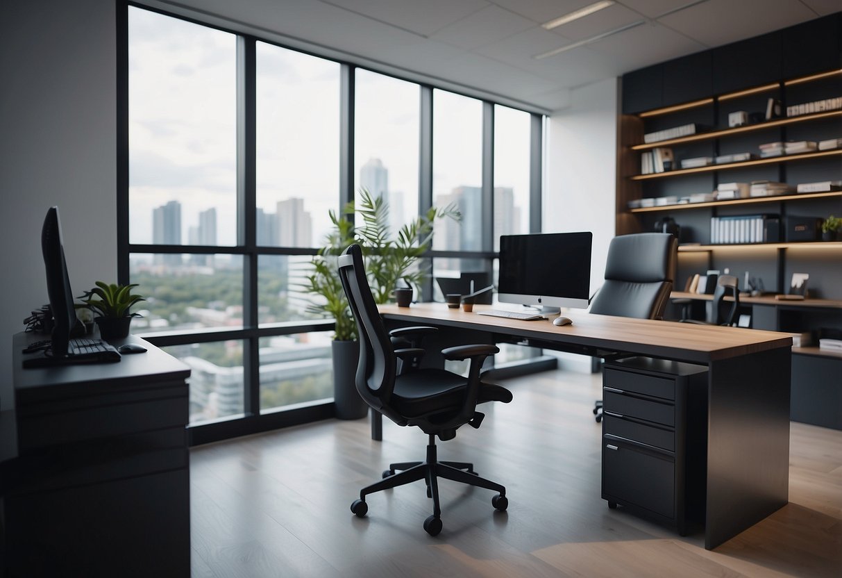 A sleek, modern office desk with a matching ergonomic chair. A computer monitor, keyboard, and mouse sit neatly on the desk, surrounded by filing cabinets and shelves