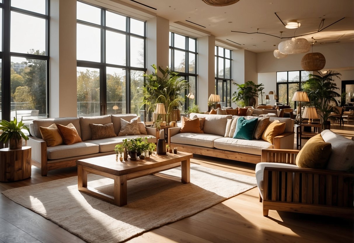 A spacious showroom filled with elegant furniture displays and vibrant decor. Sunlight streams through large windows, casting a warm glow on the polished wood and plush fabrics