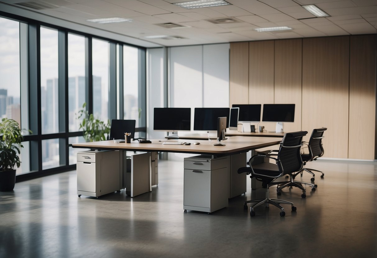 A modern office with sleek, ergonomic furniture in a spacious, well-lit room. Clean lines and neutral colors create a professional and inviting atmosphere