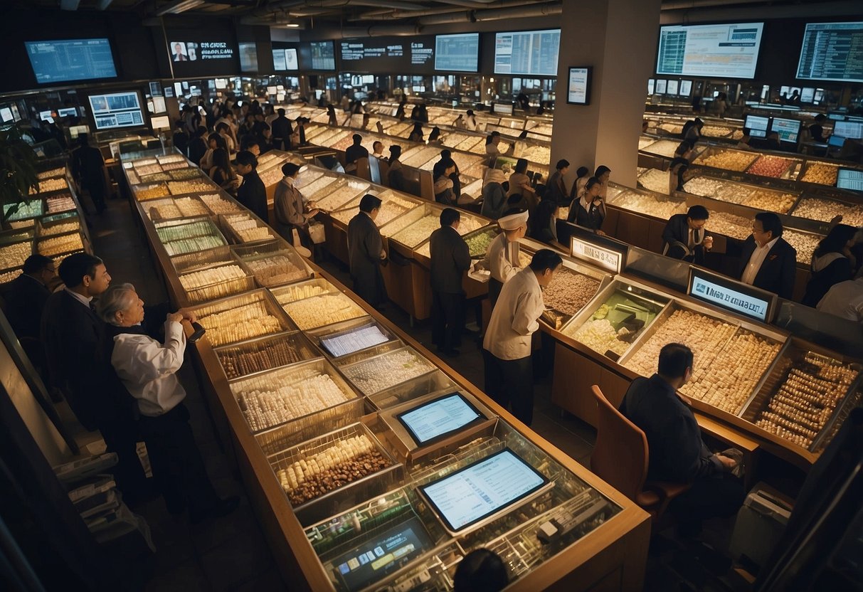 A bustling market with traders analyzing Wolfe Waves, surrounded by furniture and trading charts