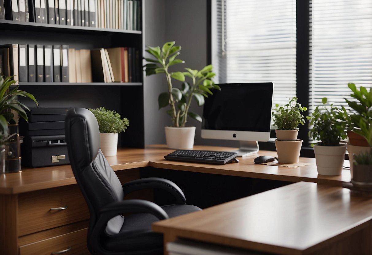 An office desk with a computer, phone, and file folders on it. A chair and a potted plant next to the desk. Shelves with books and binders in the background