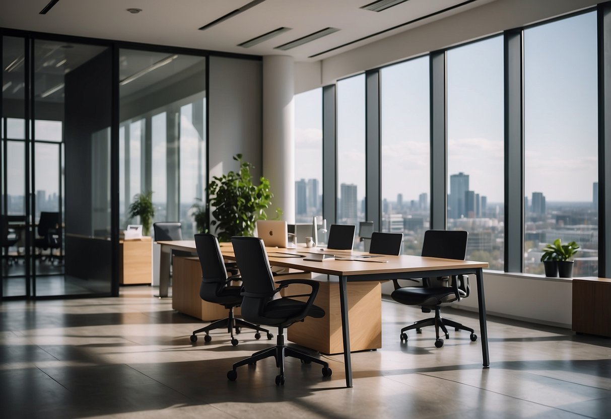 A modern office with sleek, ergonomic furniture arranged in a spacious layout. Bright lighting and a clean, minimalist design create a professional atmosphere