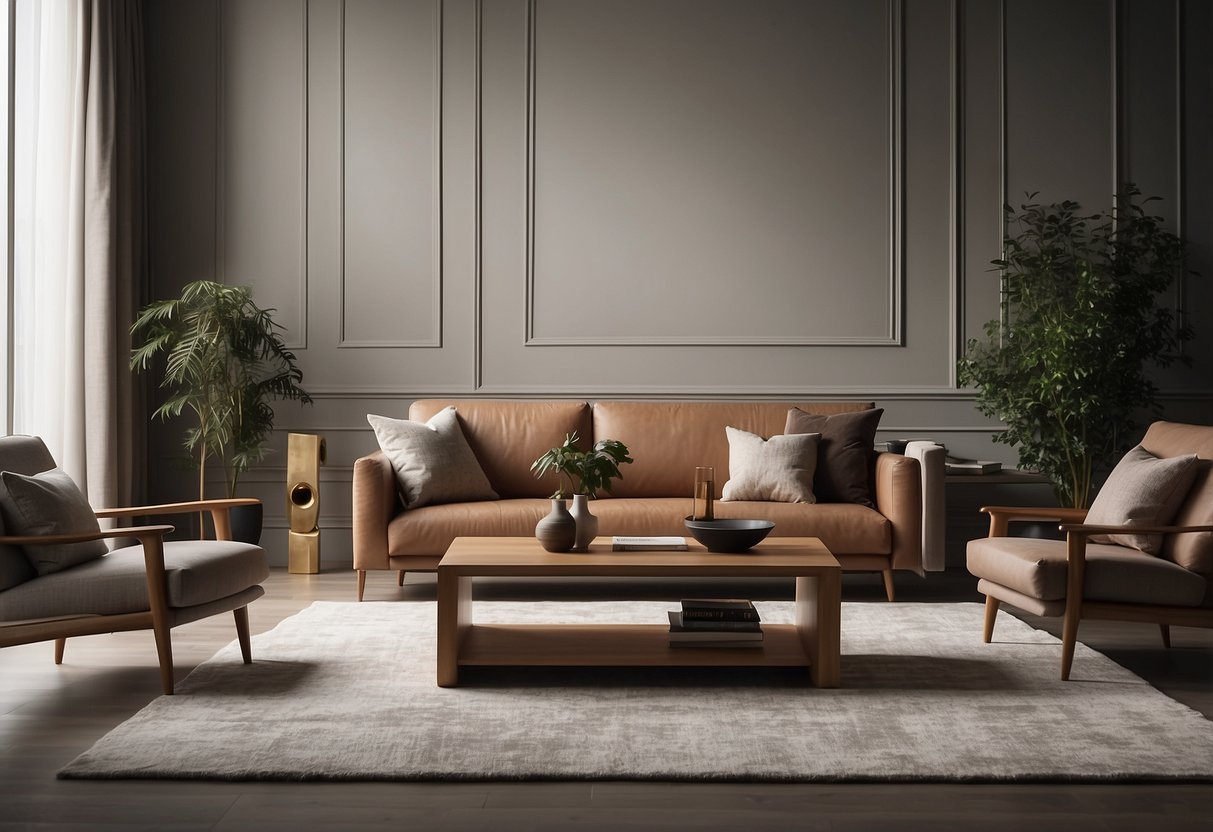 A modern living room with a sleek yew tee furniture set, including a coffee table, sofa, and armchair, all arranged in a minimalist design