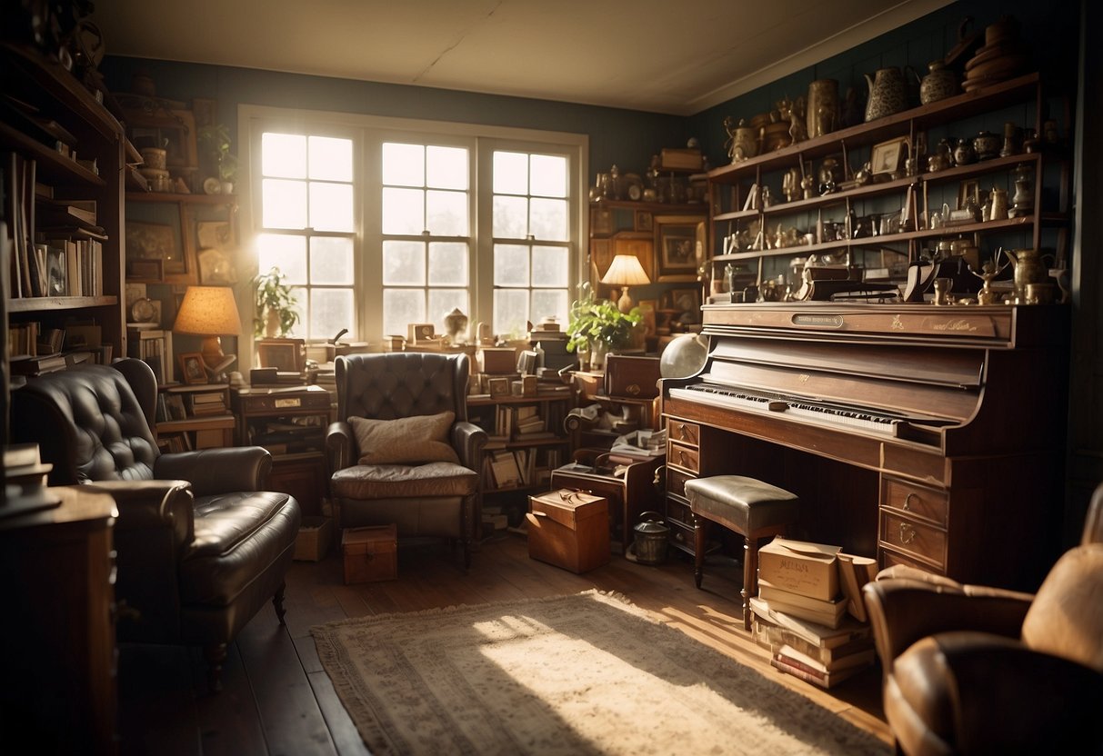 A cluttered room with vintage furniture, shelves of knick-knacks, and sunlight streaming through the window