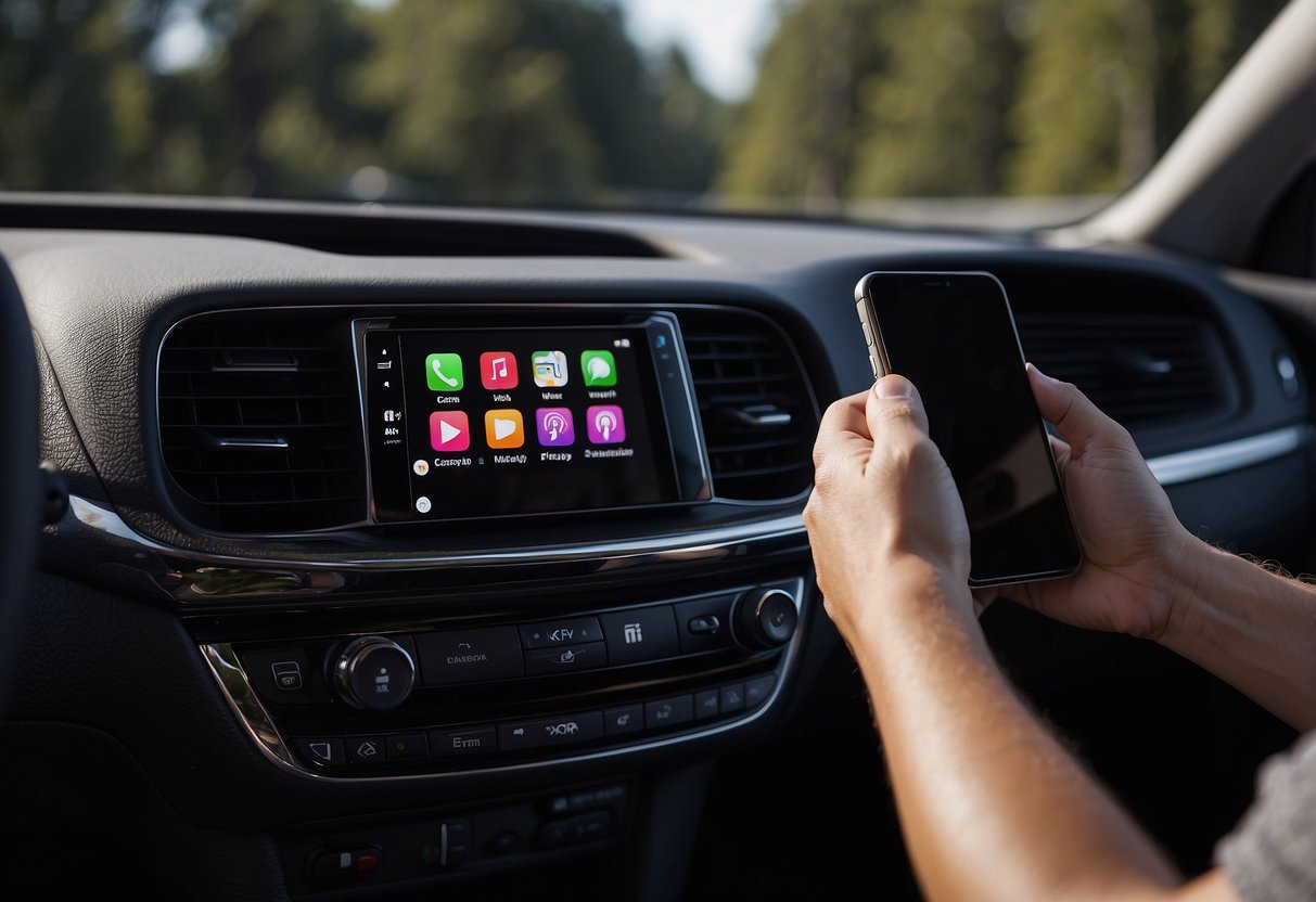 A hand reaches into a car dashboard, connecting a cable to the stereo. An iPhone with the CarPlay logo is plugged in, while the screen displays the CarPlay interface