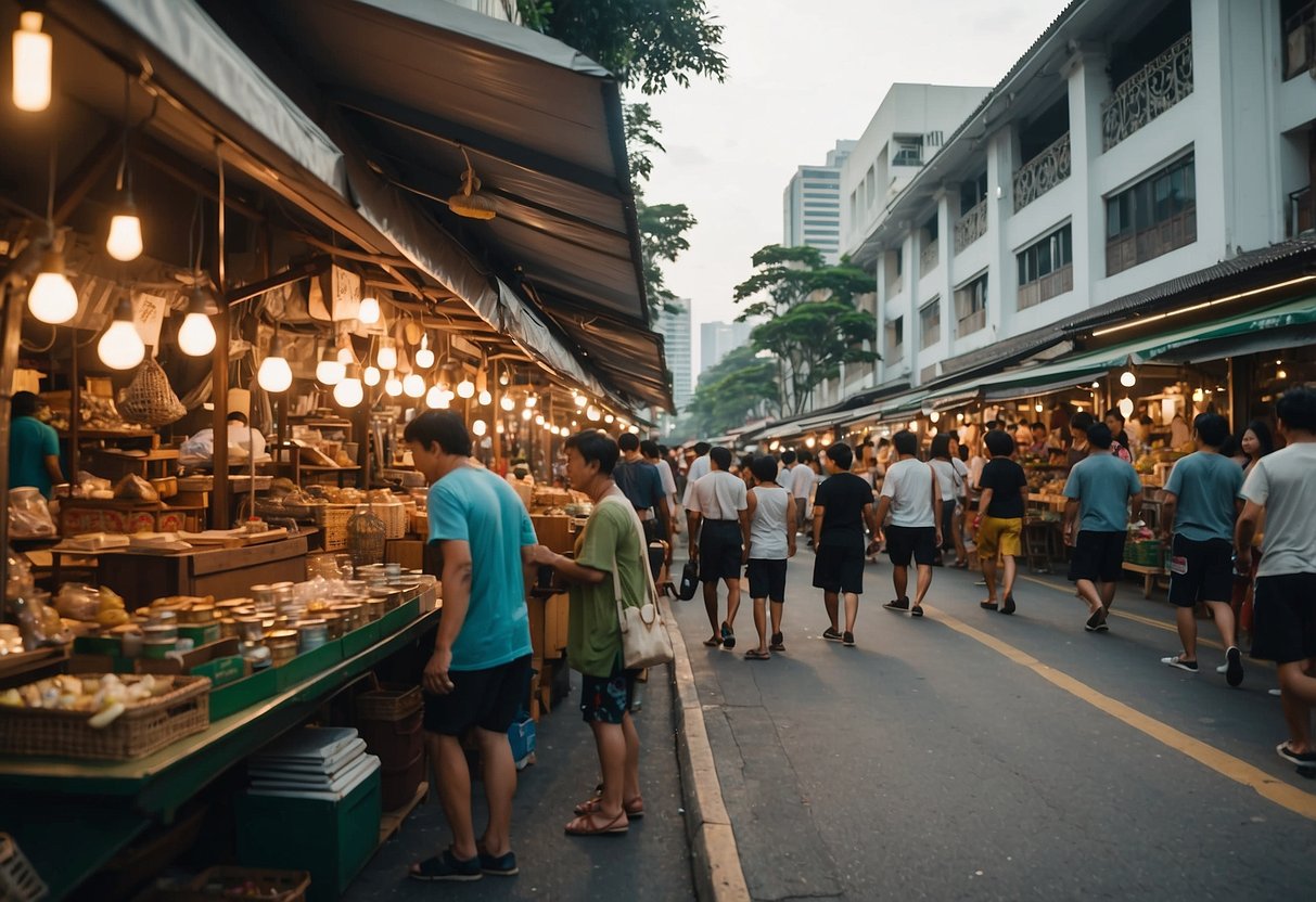 A bustling street market in Singapore, lined with stalls overflowing with second-hand furniture and home decor treasures. Shoppers browse through vintage sofas, tables, and knick-knacks, while vendors enthusiastically showcase their unique finds