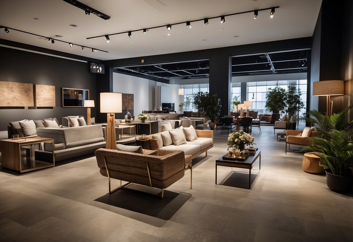 A variety of furniture pieces fill the spacious showroom, from sleek modern designs to classic wooden pieces, creating a diverse and inviting landscape for customers to explore