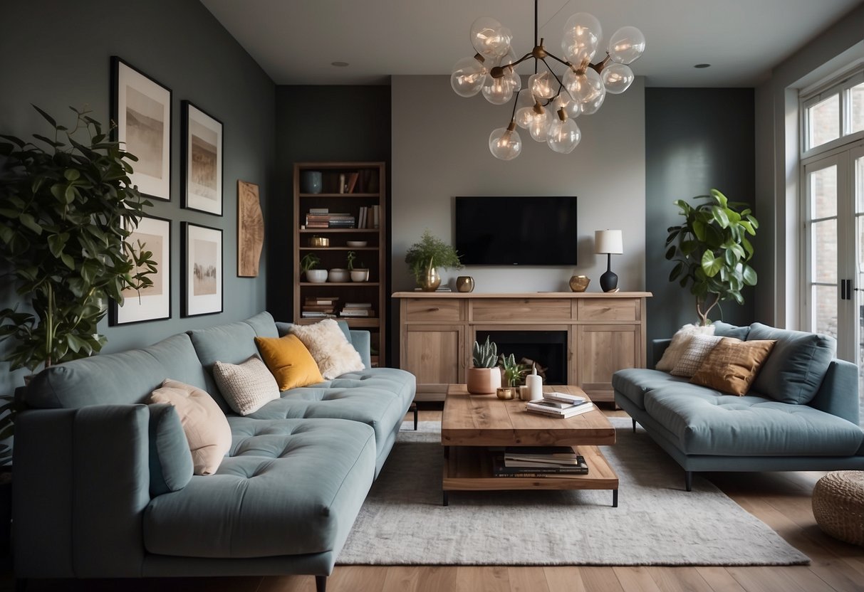 A cozy living room with a mix of vintage and modern furniture, arranged in a stylish and functional manner