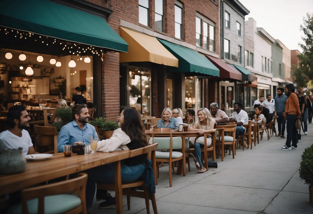 A bustling neighborhood with a furniture store, surrounded by diverse community members engaging in discussions and exchanging offers
