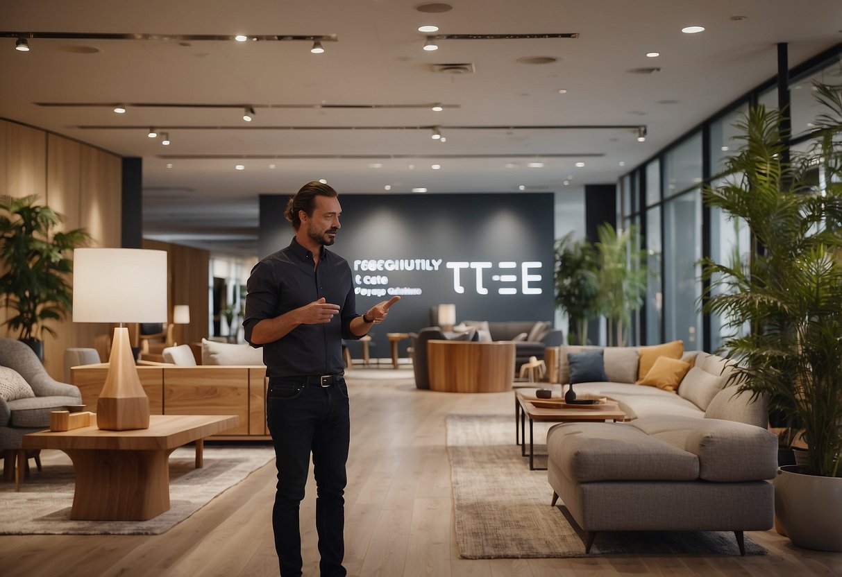 A customer browsing through a display of furniture with a sign reading "Frequently Asked Questions - Yew Tee Furniture" in a modern showroom