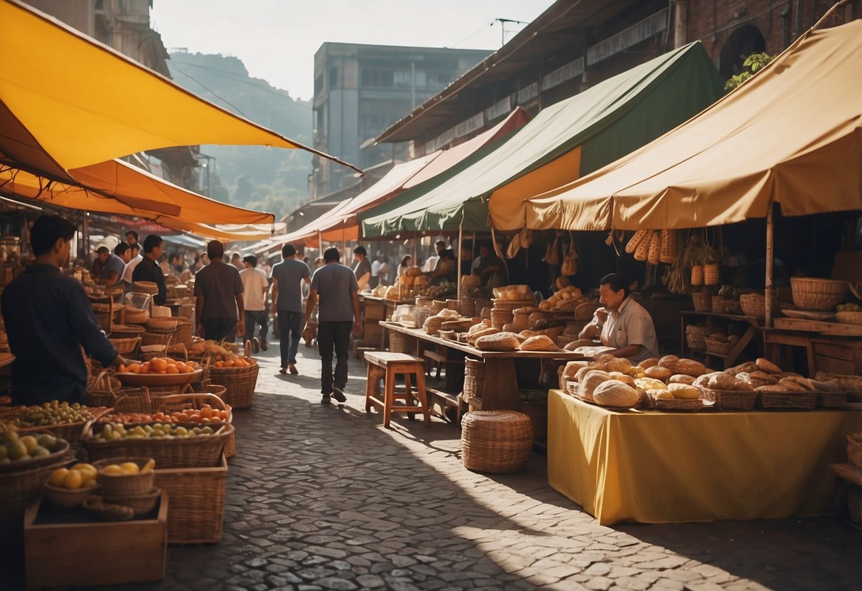 A bustling market with various second-hand furniture displayed under colorful canopies. Customers browse and chat with vendors, creating a lively atmosphere