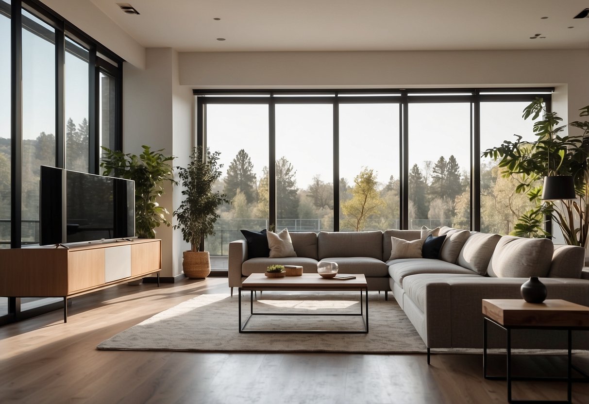 A modern living room with sleek and stylish furniture arranged in a minimalist design. The room is filled with natural light, creating a warm and inviting atmosphere
