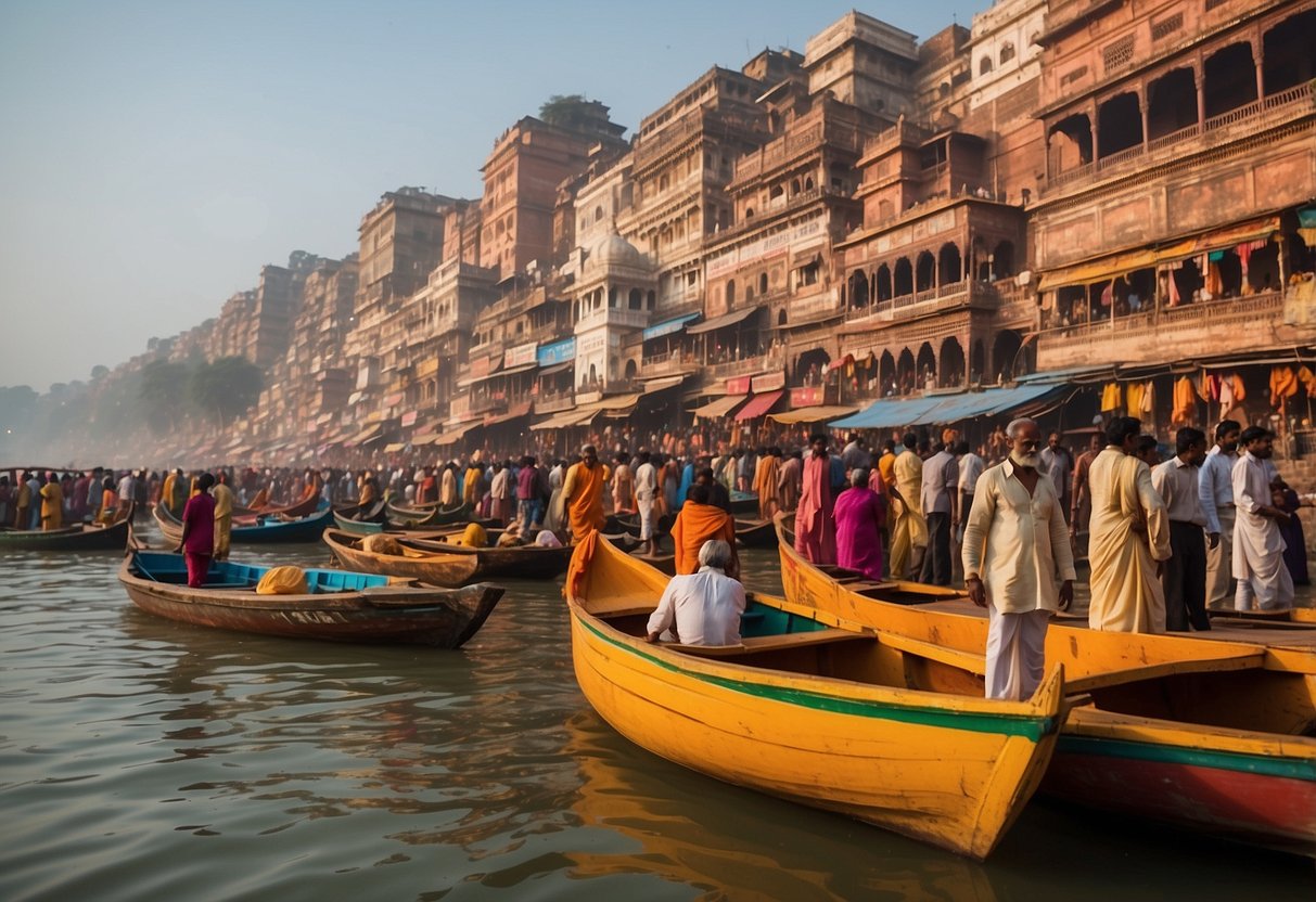 The bustling ghats of Banaras, filled with colorful boats and pilgrims, overlook the sacred Ganges River. The ancient temples and vibrant markets create a lively atmosphere