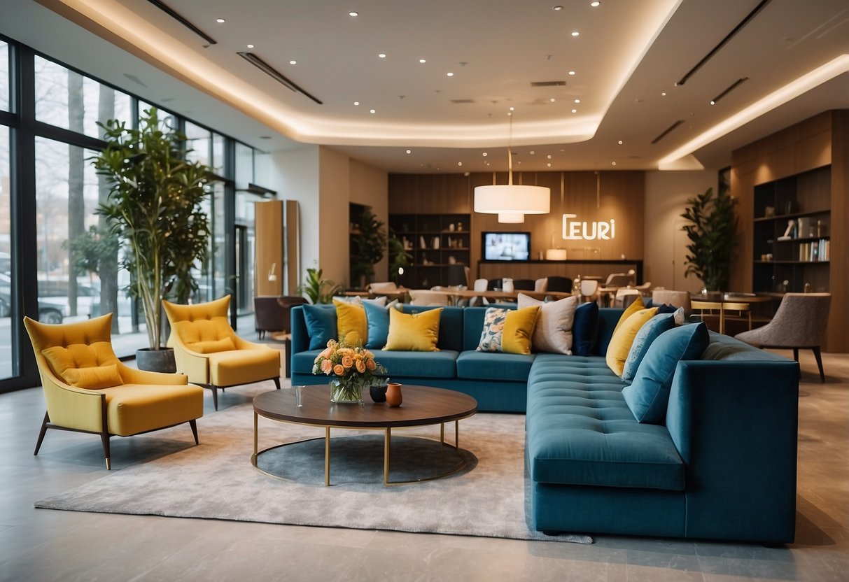 A spacious showroom with modern and classic furniture displays. Bright lighting highlights the elegant designs and vibrant colors