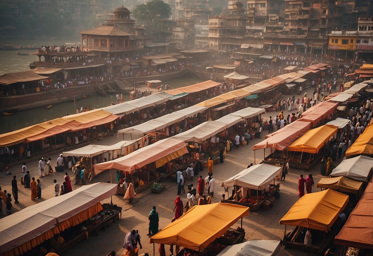 A bustling Varanasi street with colorful temples, bustling markets, and serene ghats along the Ganges River