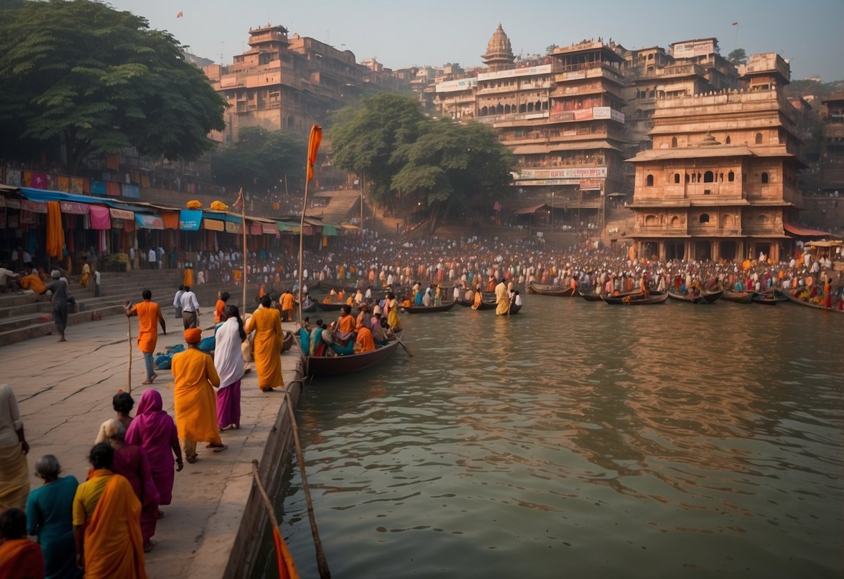 The bustling ghats of Banaras line the sacred Ganges River, adorned with colorful temples and vibrant market stalls, creating a picturesque cultural landscape