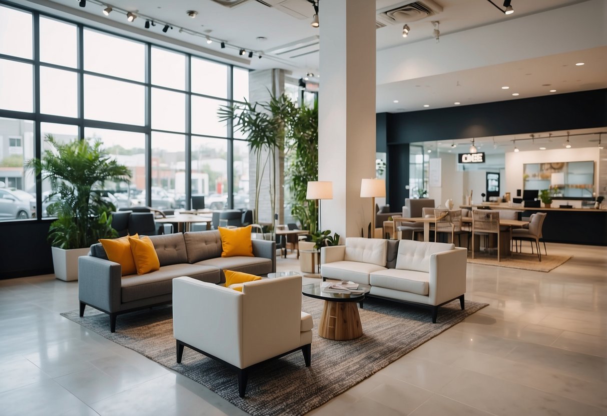 A bright, modern showroom with sleek furniture displays. Bold signage and friendly staff create a welcoming atmosphere