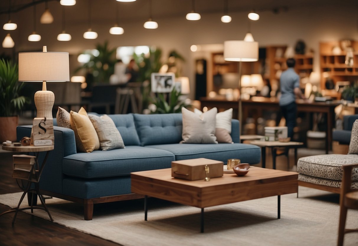 Customers browsing through a variety of furniture items with a sign reading "Frequently Asked Questions" displayed prominently