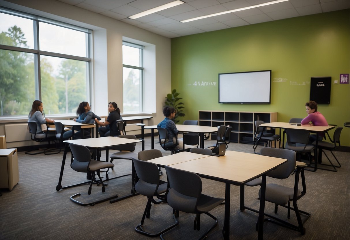 The active learning classroom is filled with flexible furniture, including mobile desks and adjustable seating, arranged in small groups to encourage collaboration and movement
