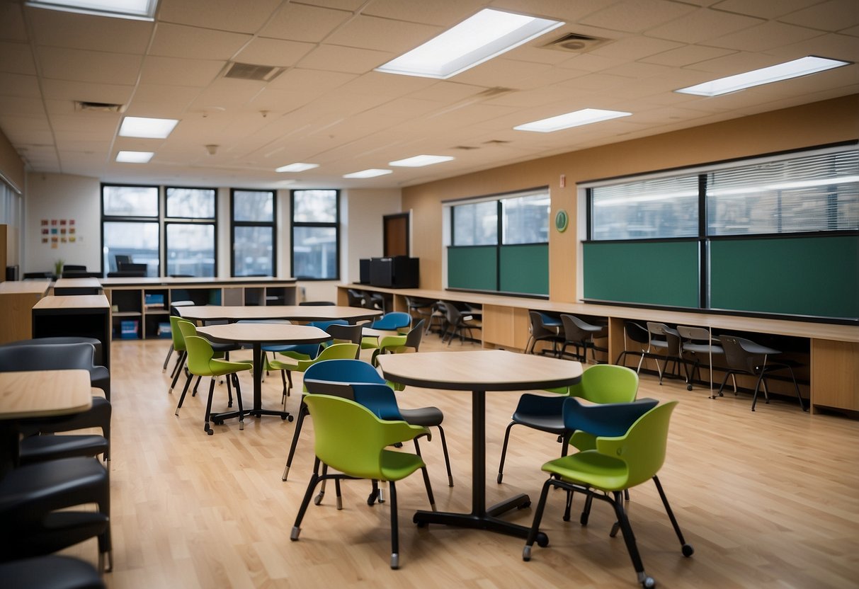 The active learning classroom is filled with flexible furniture, including movable desks and chairs, a variety of seating options, and interactive technology stations
