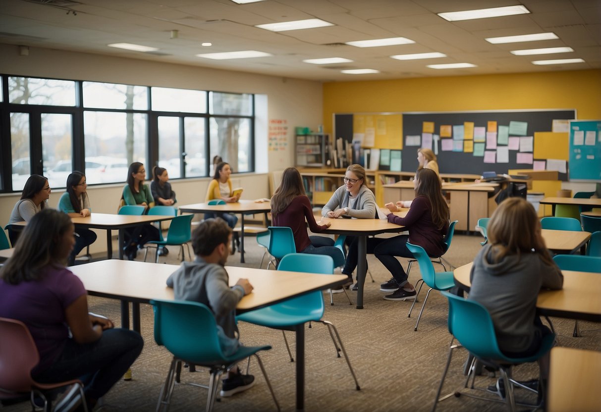 An active learning classroom with versatile furniture, students engaged in group discussions, and a teacher facilitating interactive learning activities