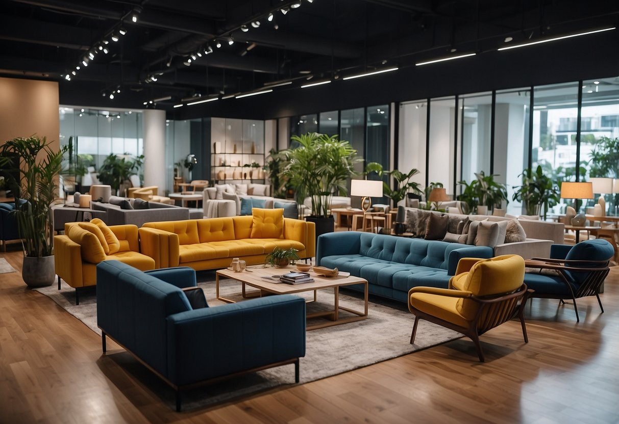A crowded showroom displays modern furniture at affordable prices in Singapore. Shoppers browse through sleek sofas and minimalist tables
