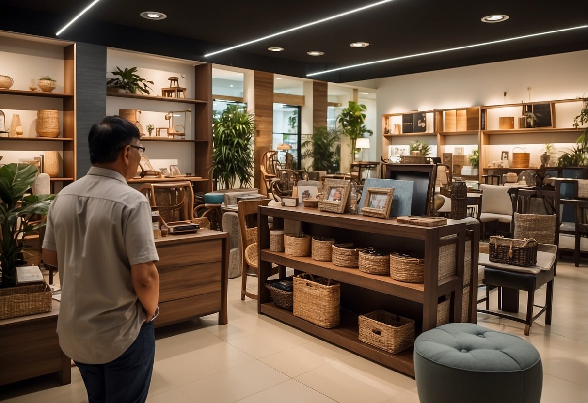 Customers browsing furniture displays in a spacious shop on Ang Mo Kio Ave 10. Bright lighting highlights the variety of items on offer