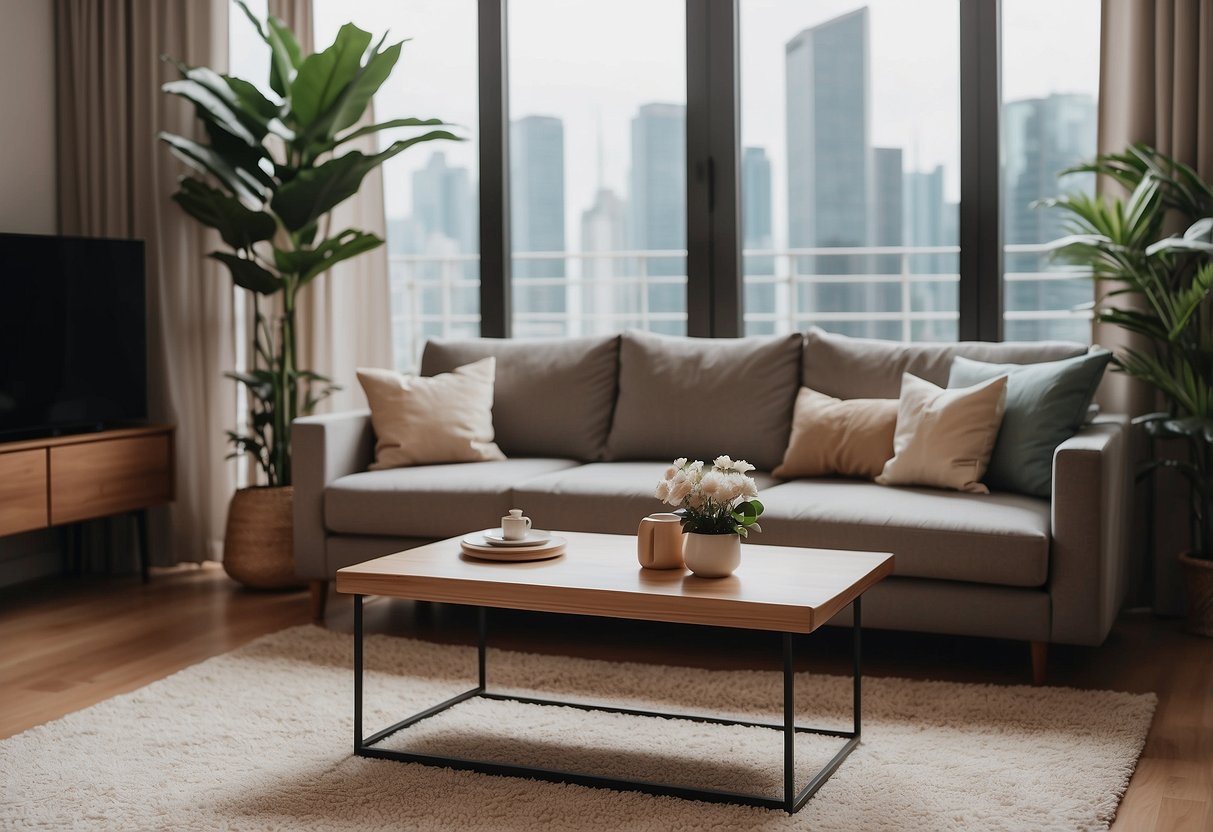 A cozy living room with stylish and affordable furniture from Singapore stores. Comfortable sofa, elegant coffee table, and soft rugs create a welcoming space