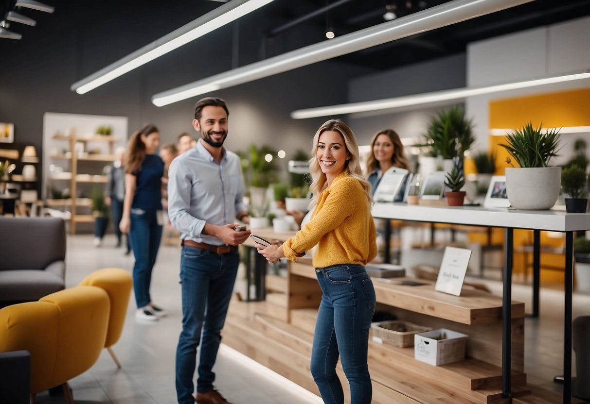 Customers browse furniture, smiling staff assist. Bright, spacious store with modern displays. Happy faces, relaxed atmosphere