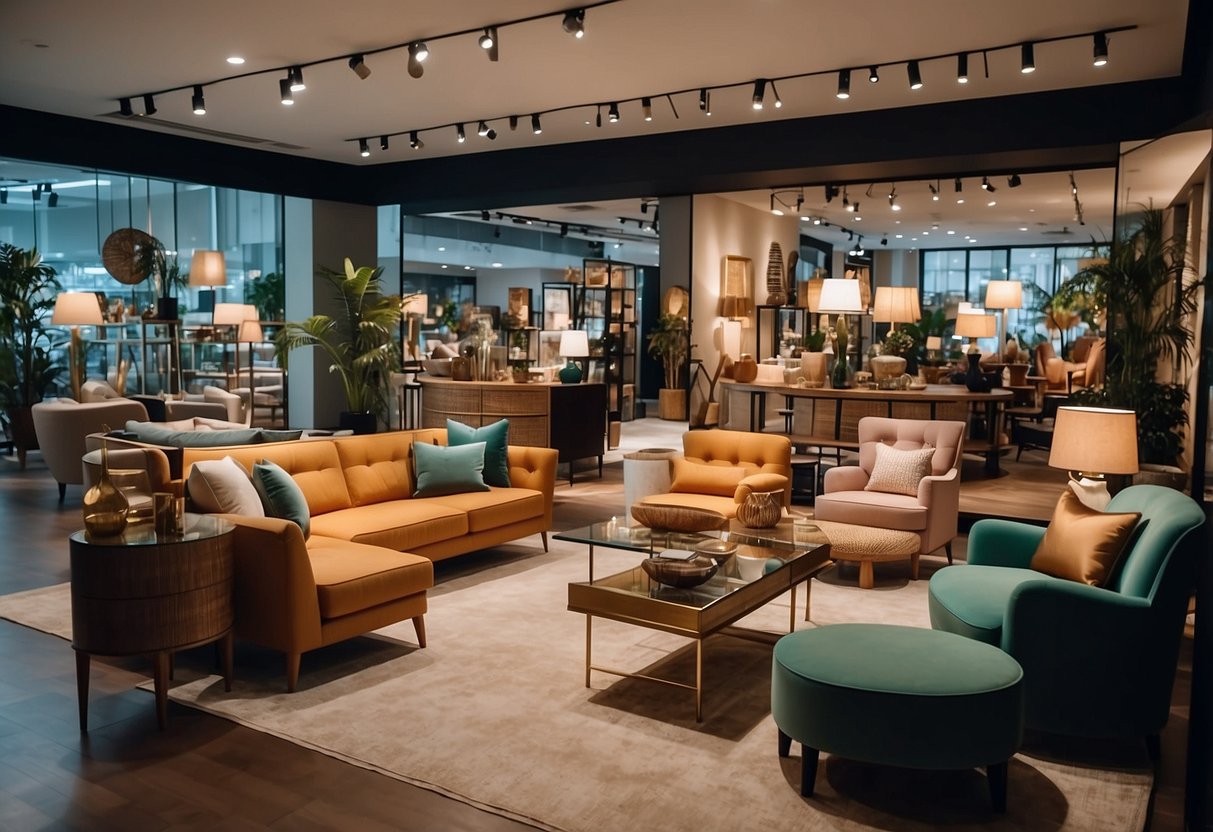 A bustling furniture store in Singapore, with customers browsing through a wide selection of affordable items. Bright lighting and colorful displays create a welcoming atmosphere